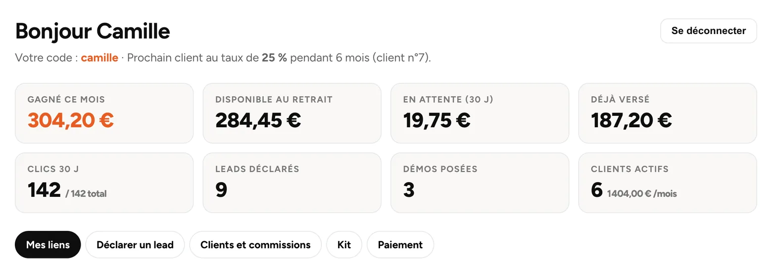 Espace affilié Elio : gains du mois, disponible au retrait, commissions en attente, déjà versé, clics, prospects déclarés, démos posées et clients actifs