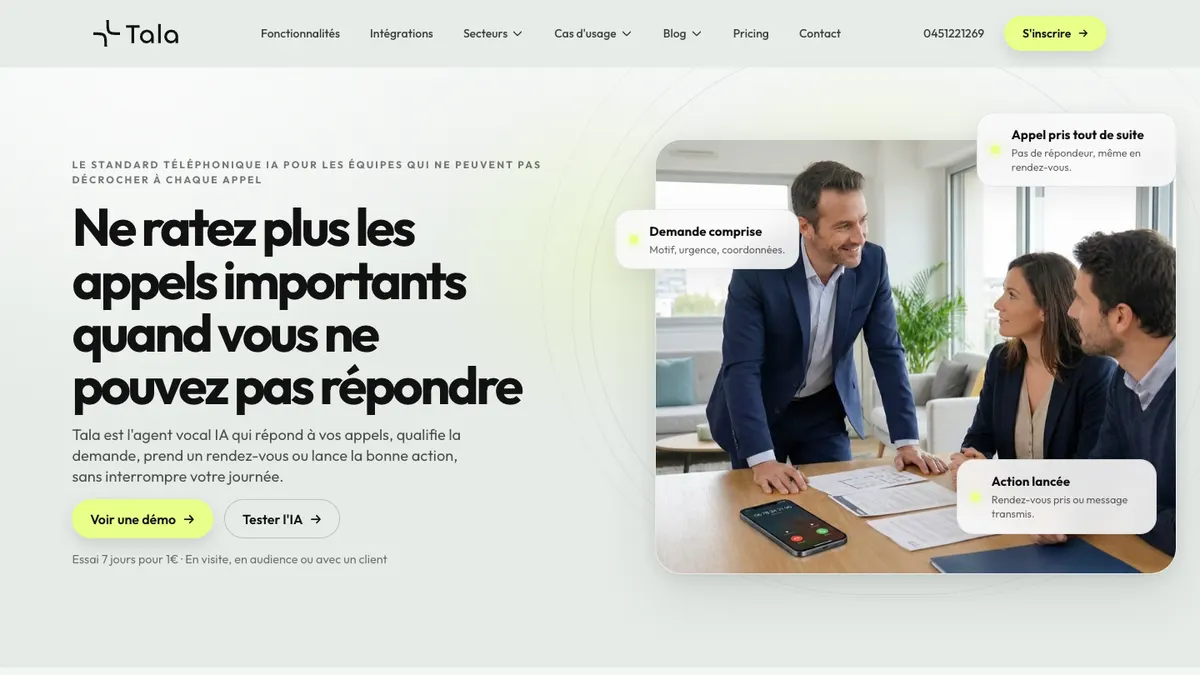 Page d'accueil de Tala, capture du 14 septembre 2026
