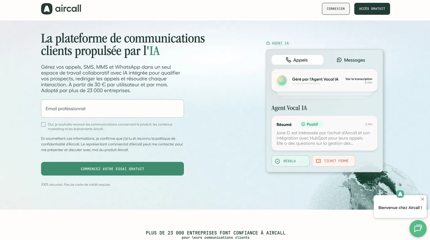Page d'accueil française d'aircall.io relevée le 3 août 2026